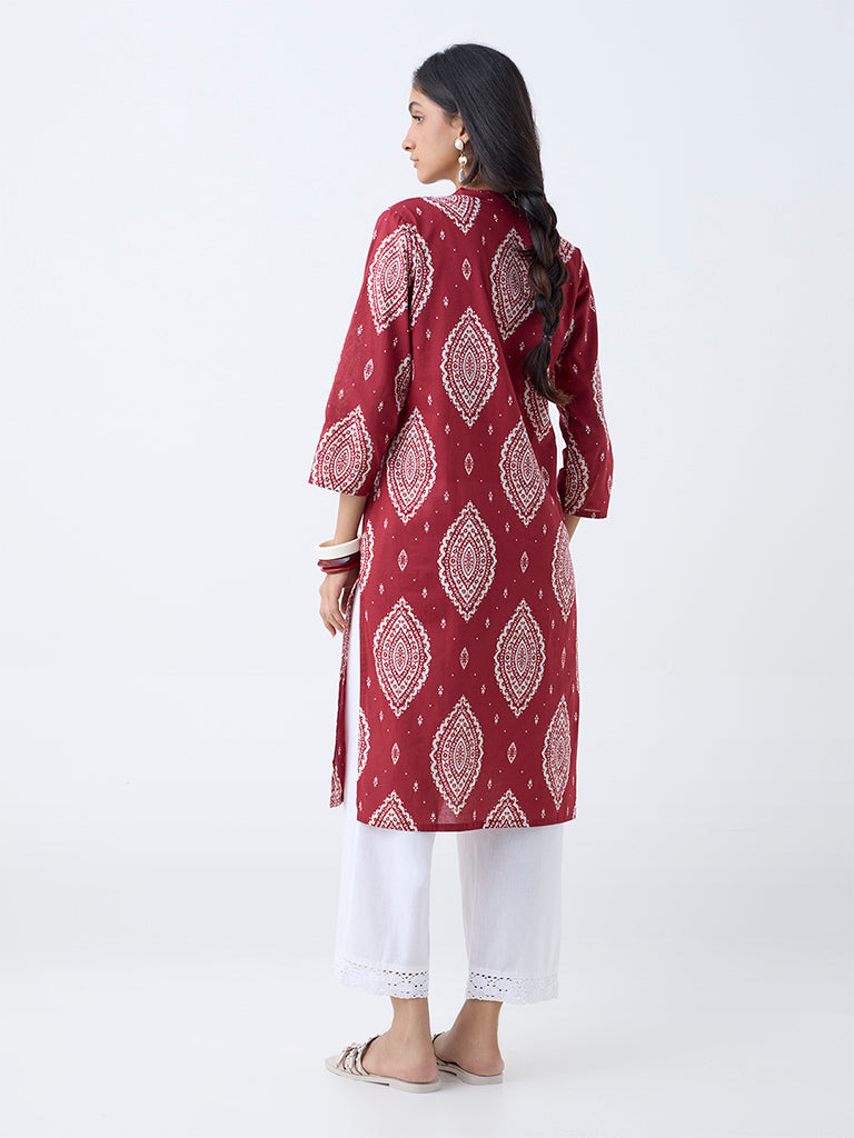 Westside Utsa Women's Maroon Printed Straight Cotton Kurta for Everyday Back View
