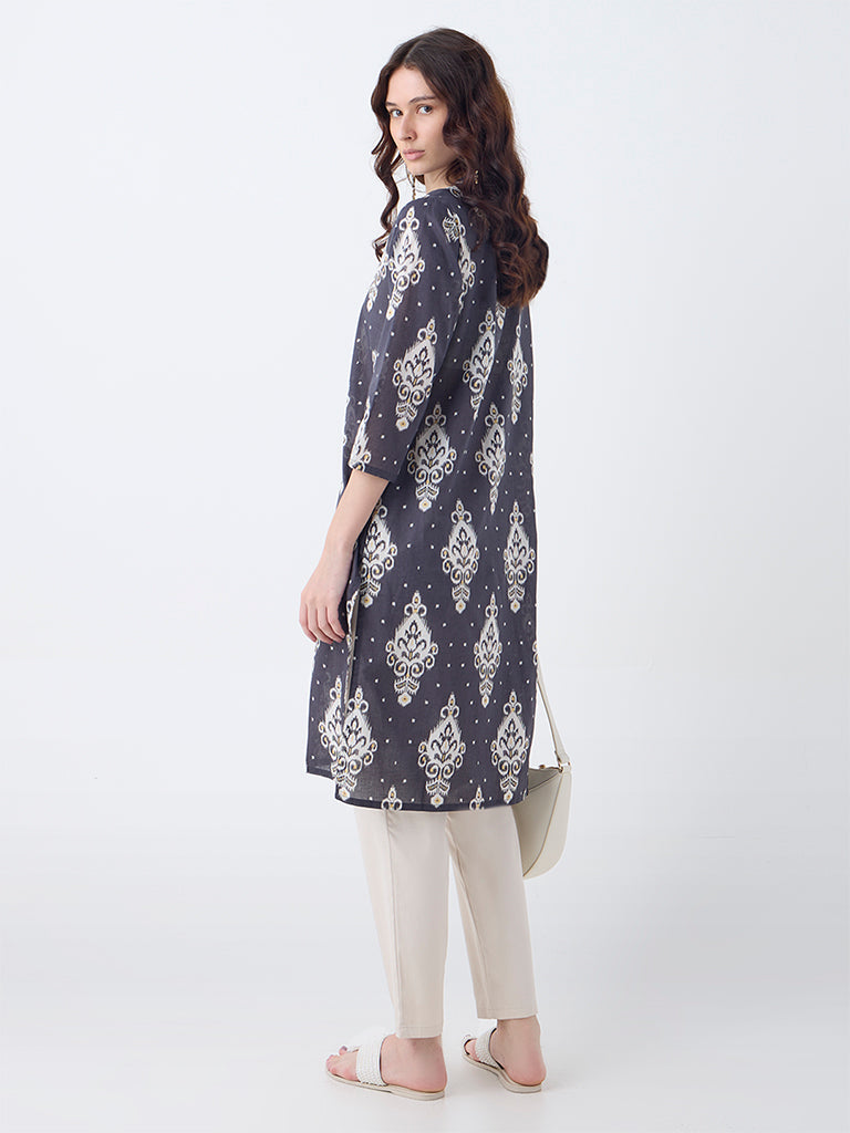 Westside Utsa Women's Black Ikat Printed Cotton Straight Kurta for Everyday Back View