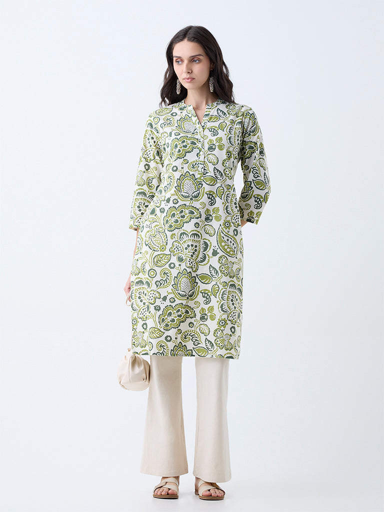 Utsa Green Botanical Printed Cotton Straight Kurta