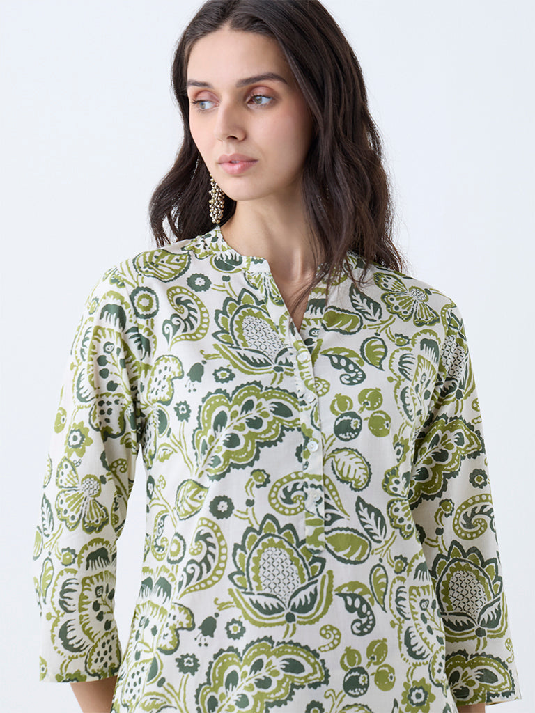 Utsa Green Botanical Printed Cotton Straight Kurta