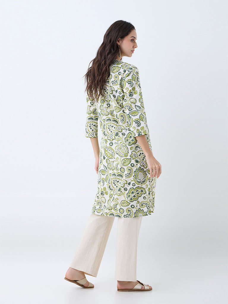 Utsa Green Botanical Printed Cotton Straight Kurta