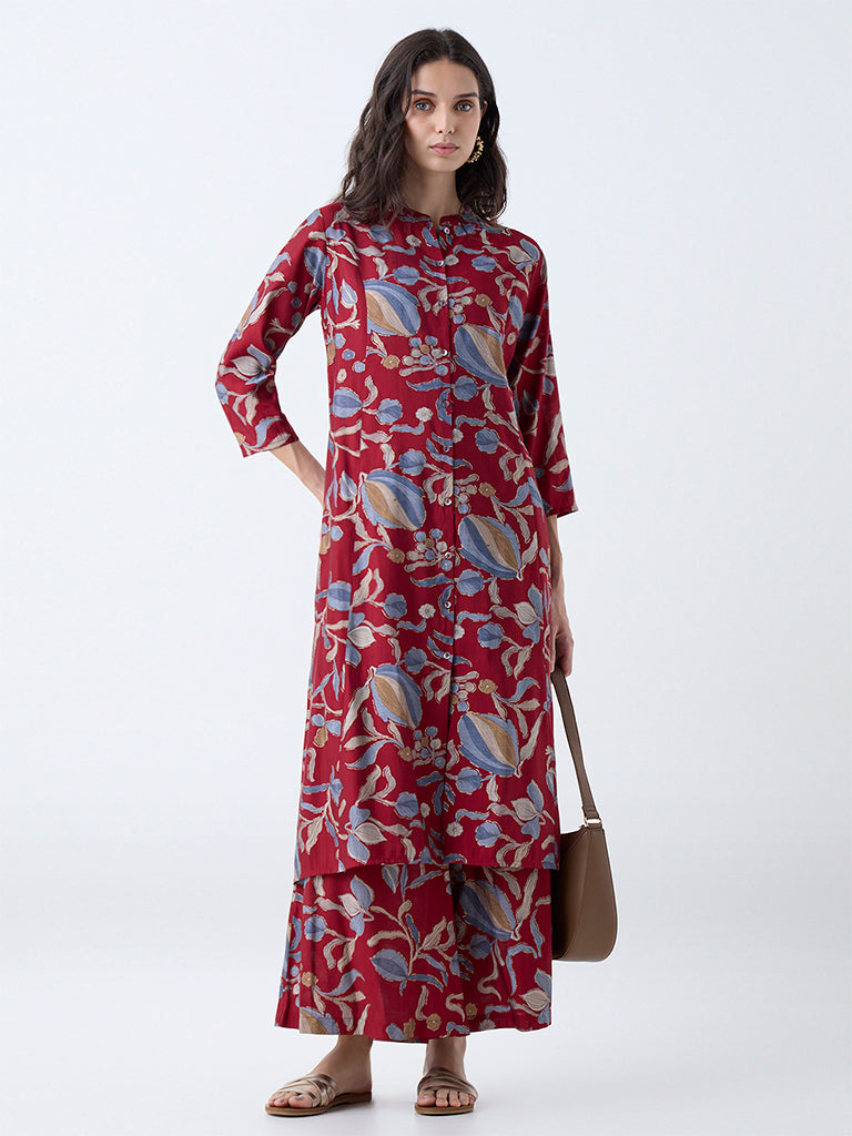 Utsa Maroon Foliage Pattern Palazzos