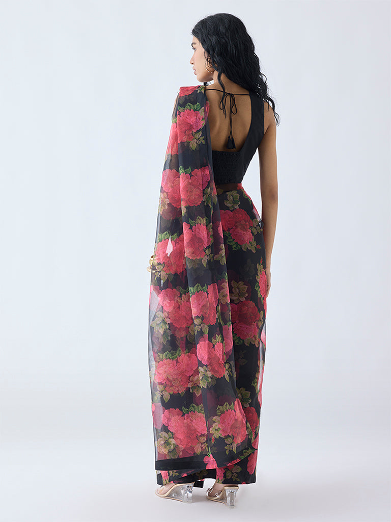 Vark Black Ready-To-Wear Saree with Ethnic Blouse Set