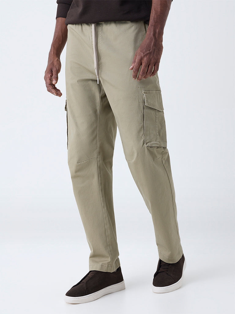 WES Casuals Beige Relaxed-Fit Mid-Rise Cotton-Blend Pants
