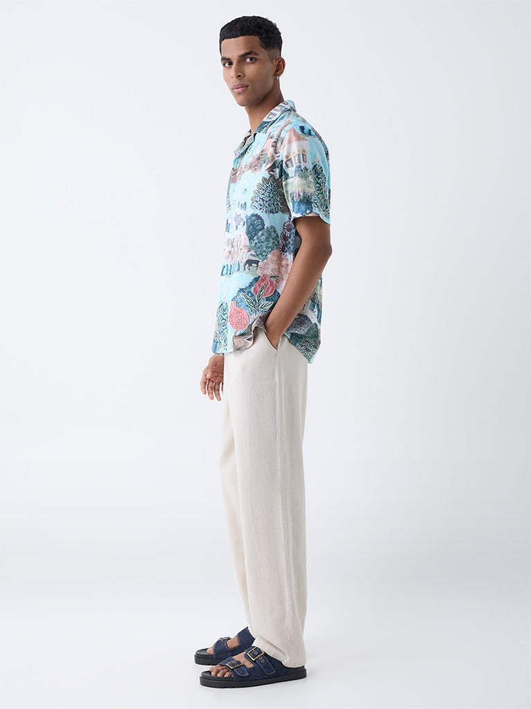 ETA Light Teal Scenic-Inspired Relaxed-Fit Cotton Shirt