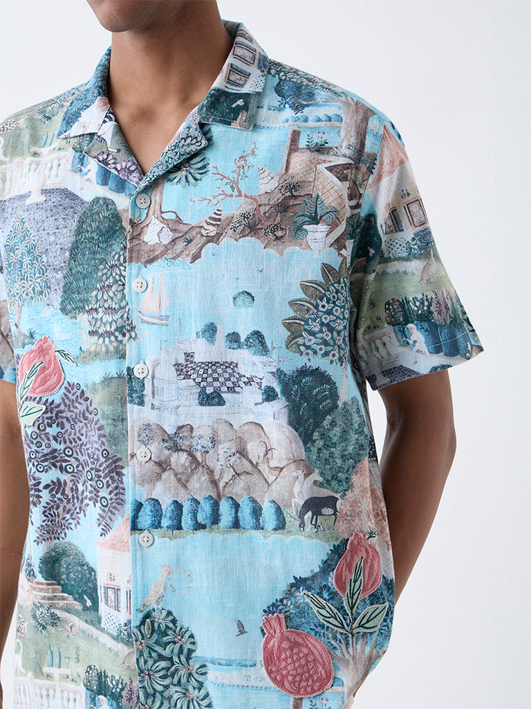 ETA Light Teal Scenic-Inspired Relaxed-Fit Cotton Shirt