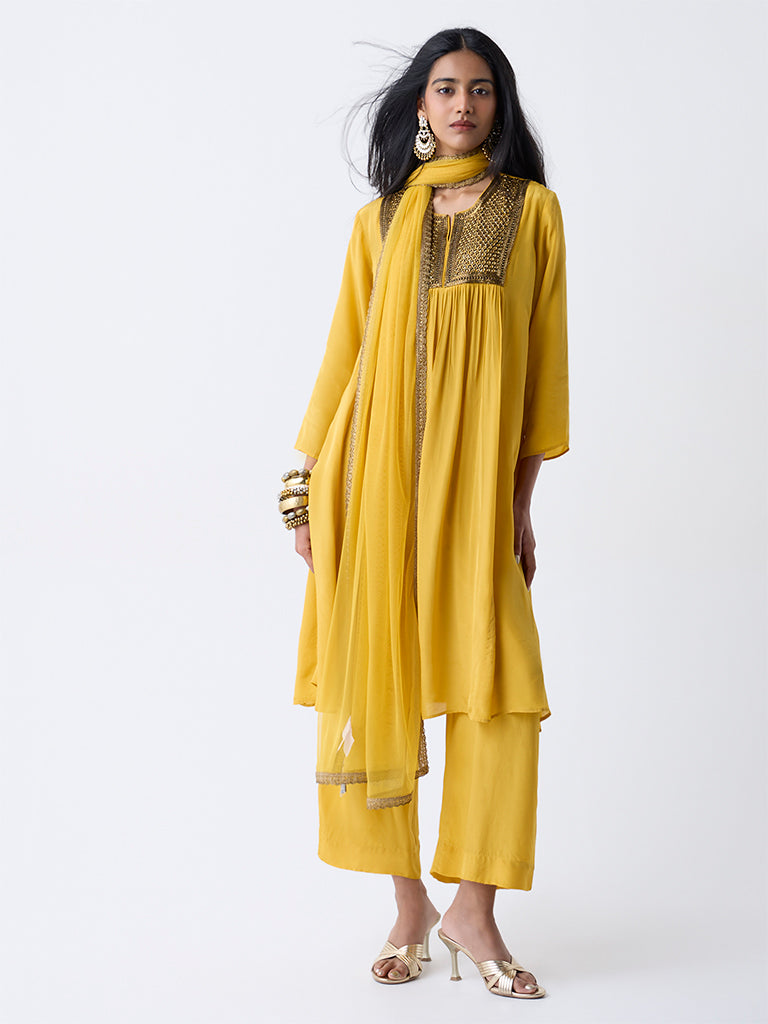 Westside Vark Women's Mustard Embellished A-Line Ethnic Set for Festival Wear Front view