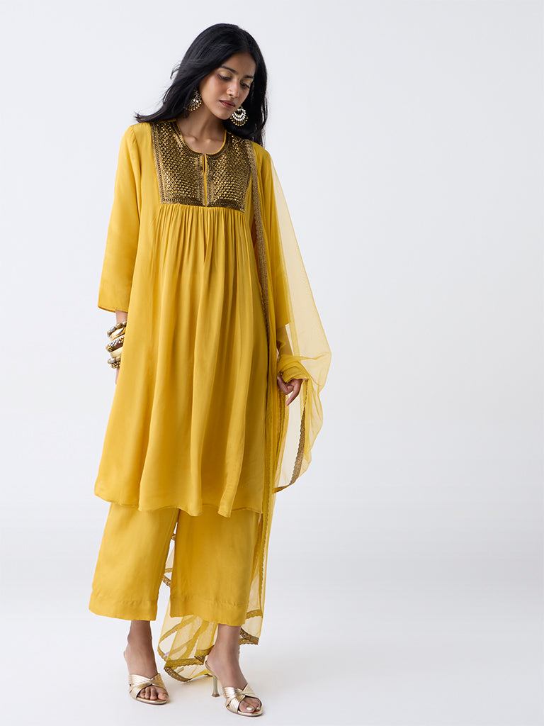 Westside Vark Women's Mustard Embellished A-Line Ethnic Set for Festival Wear Full View
