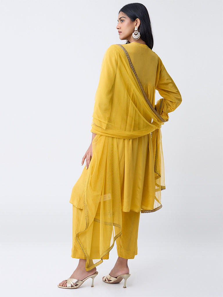 Westside Vark Women's Mustard Embellished A-Line Ethnic Set for Festival Wear Back View