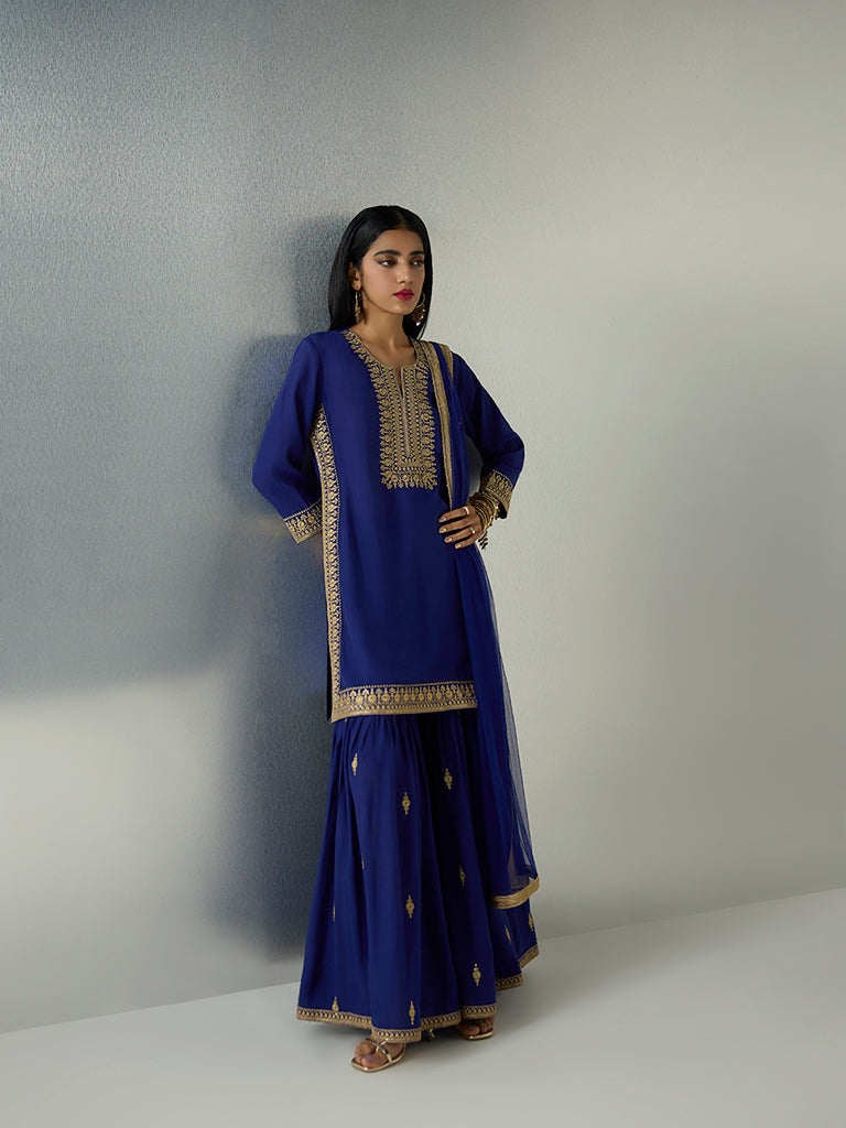 Vark Dark Blue Sequin Embellished Straight Ethnic Set