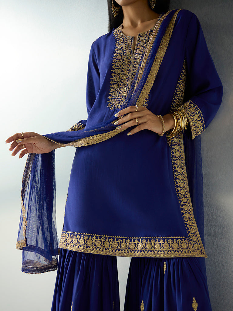 Vark Dark Blue Sequin Embellished Straight Ethnic Set