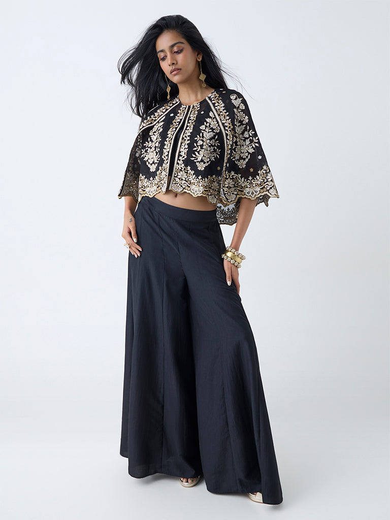 Westside Vark Women's Black Floral Embroidered Cotton-Blend Ethnic Set for Festival Wear Full View