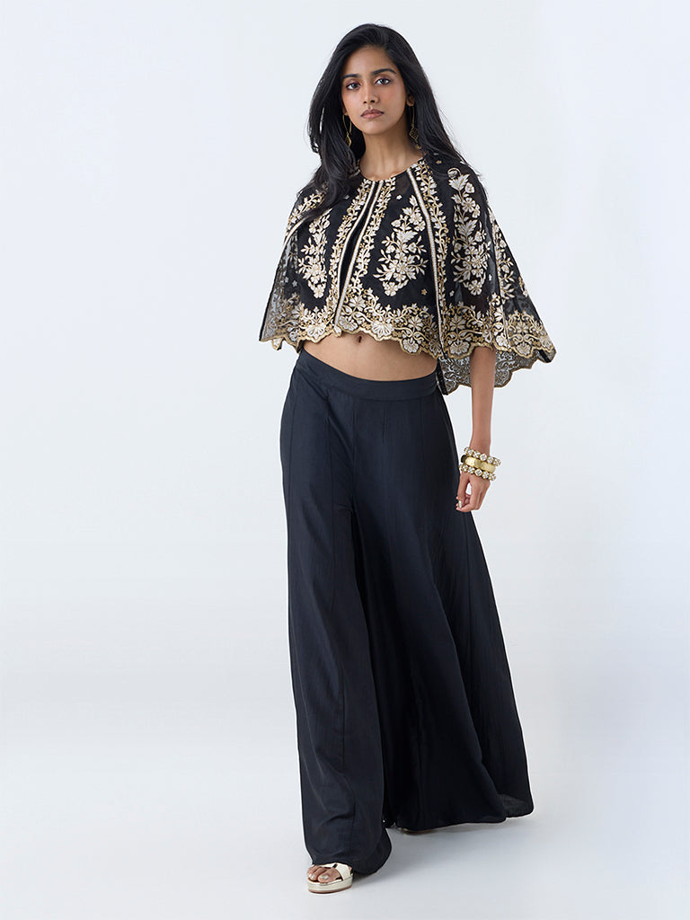 Westside Vark Women's Black Floral Embroidered Cotton-Blend Ethnic Set for Festival Wear Front view