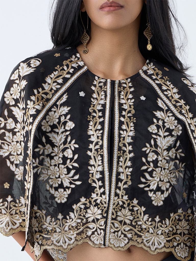 Westside Vark Women's Black Floral Embroidered Cotton-Blend Ethnic Set for Festival Wear Zoomed View