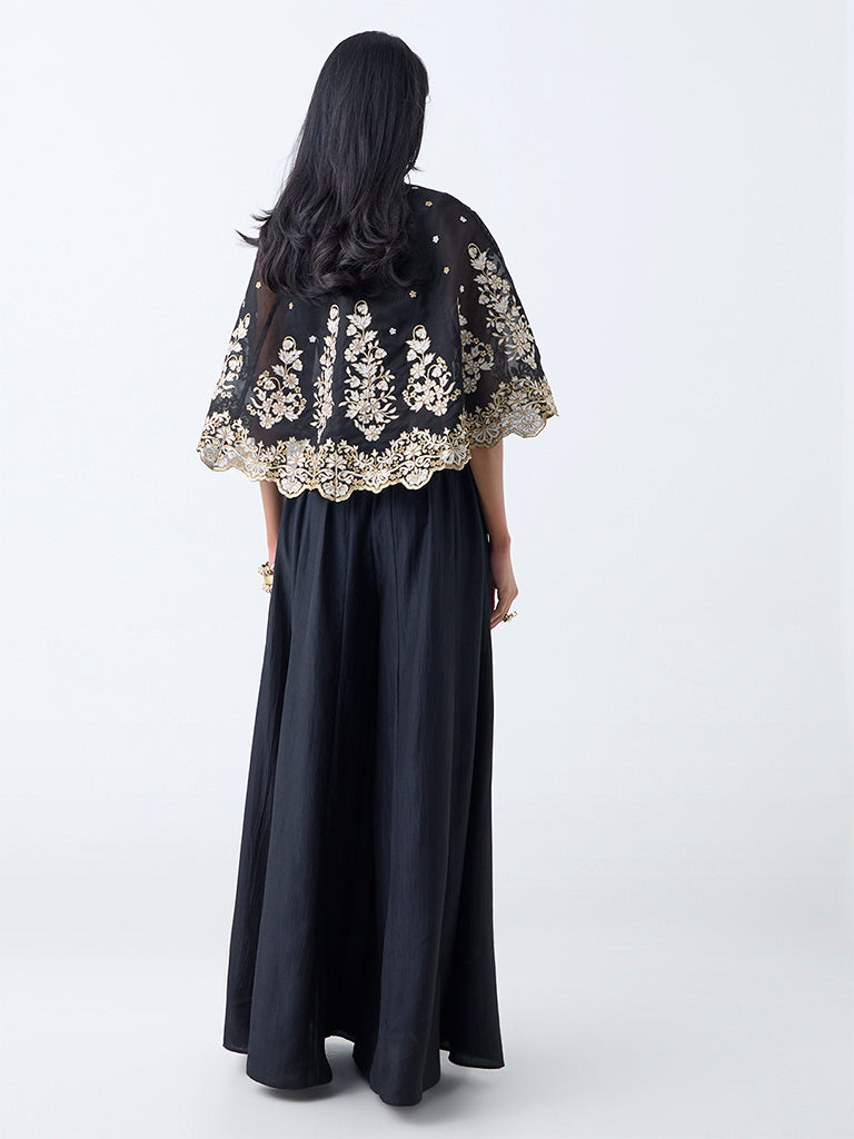 Westside Vark Women's Black Floral Embroidered Cotton-Blend Ethnic Set for Festival Wear Back View