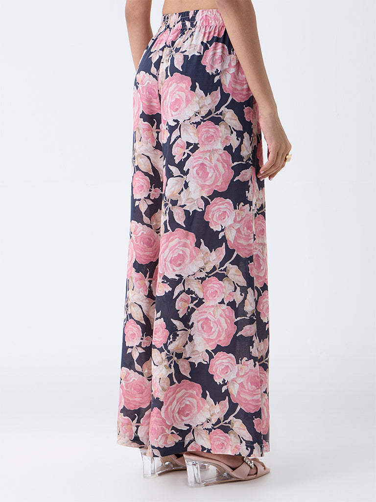 Westside Zuba Women's Black Floral Pattern Palazzos for Work Wear Back View