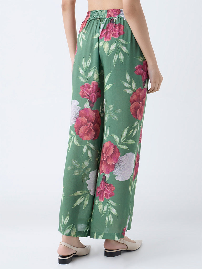 Westside Zuba Women's Dark Green Floral Design Palazzos for Work Wear Back View