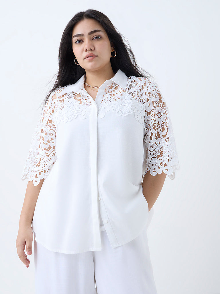 Gia White Floral Lace-Detailed Cotton Shirt