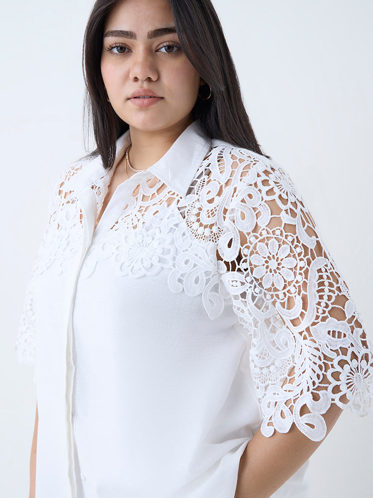 Gia White Floral Lace-Detailed Cotton Shirt