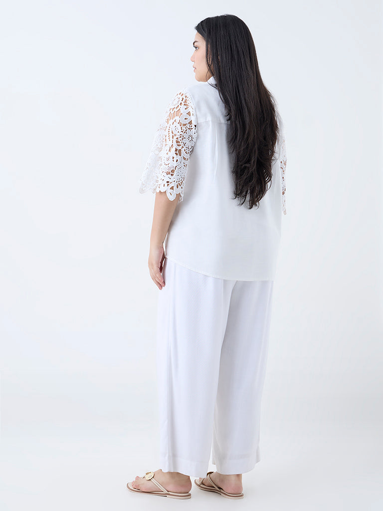 Gia White Floral Lace-Detailed Cotton Shirt