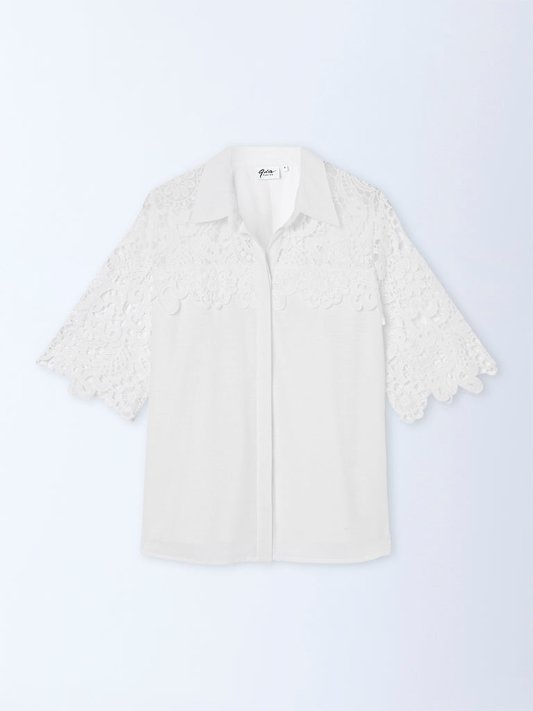 Gia White Floral Lace-Detailed Cotton Shirt