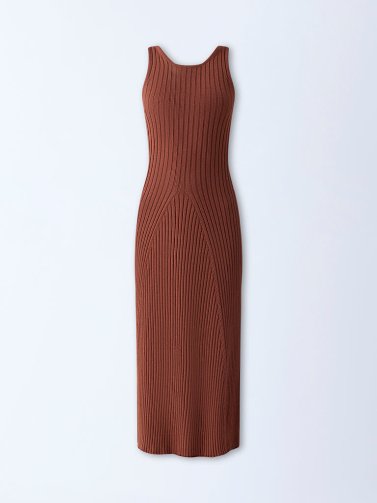 Nuon Brown Self-Striped Cotton A-Line Dress
