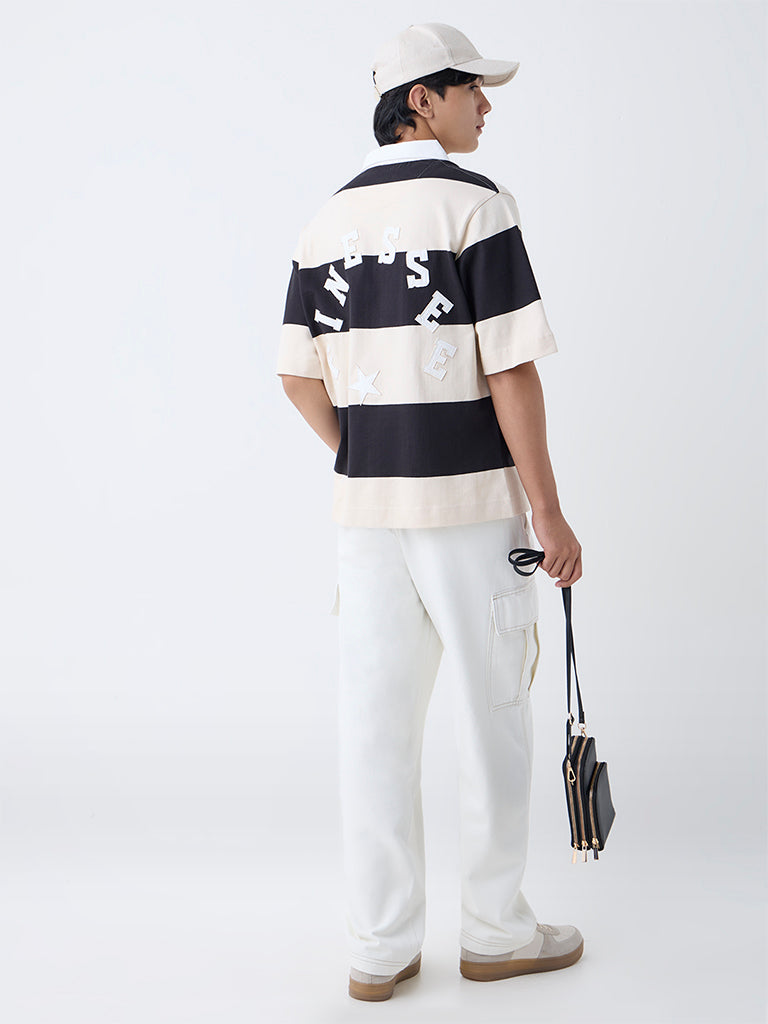 Nuon Off-White Striped Relaxed-Fit Cotton Polo T-Shirt
