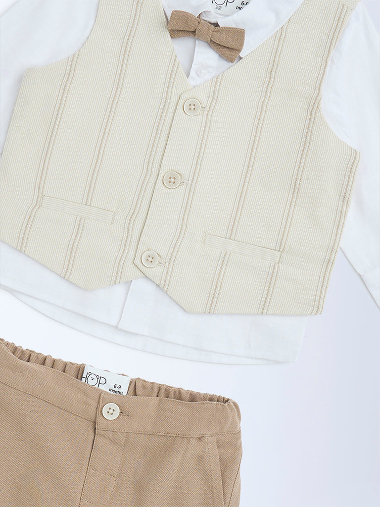 HOP Baby Boys Beige Striped Cotton Waistcoat, Shirt, Trousers and Bow Set