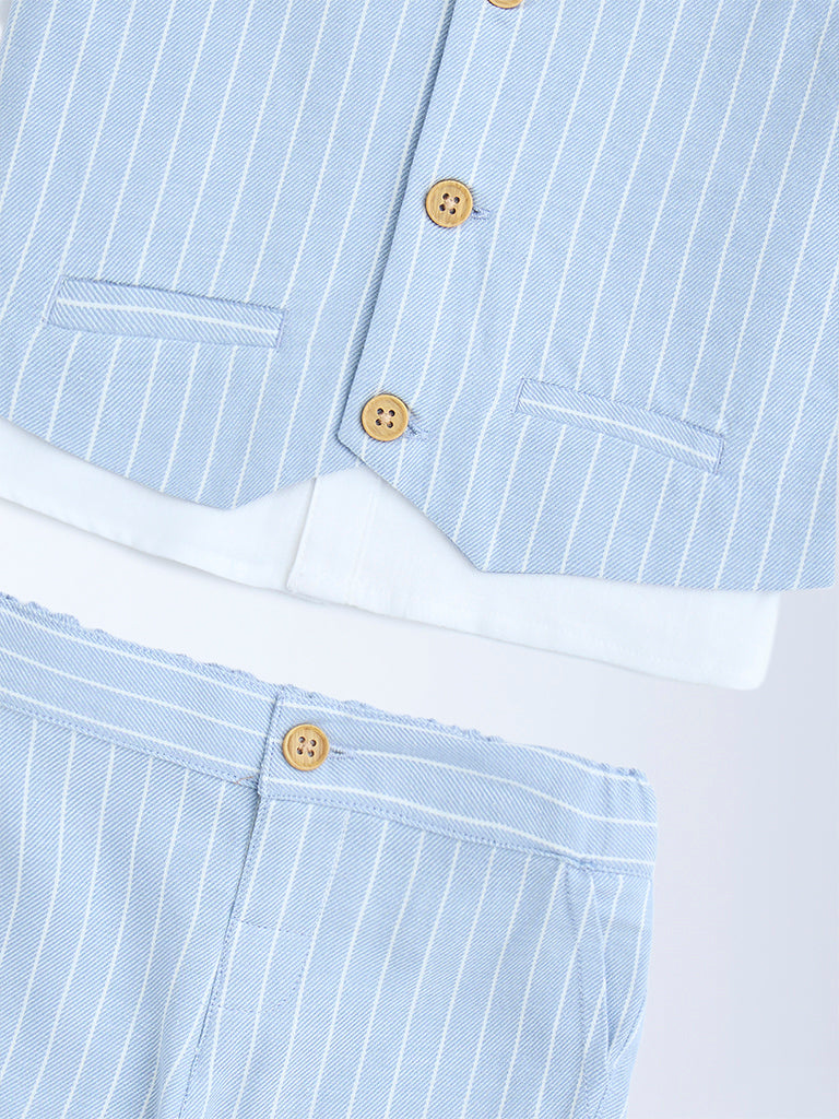 HOP Baby Blue Striped Cotton Waistcoat, Shirt, Pants and Bow Set