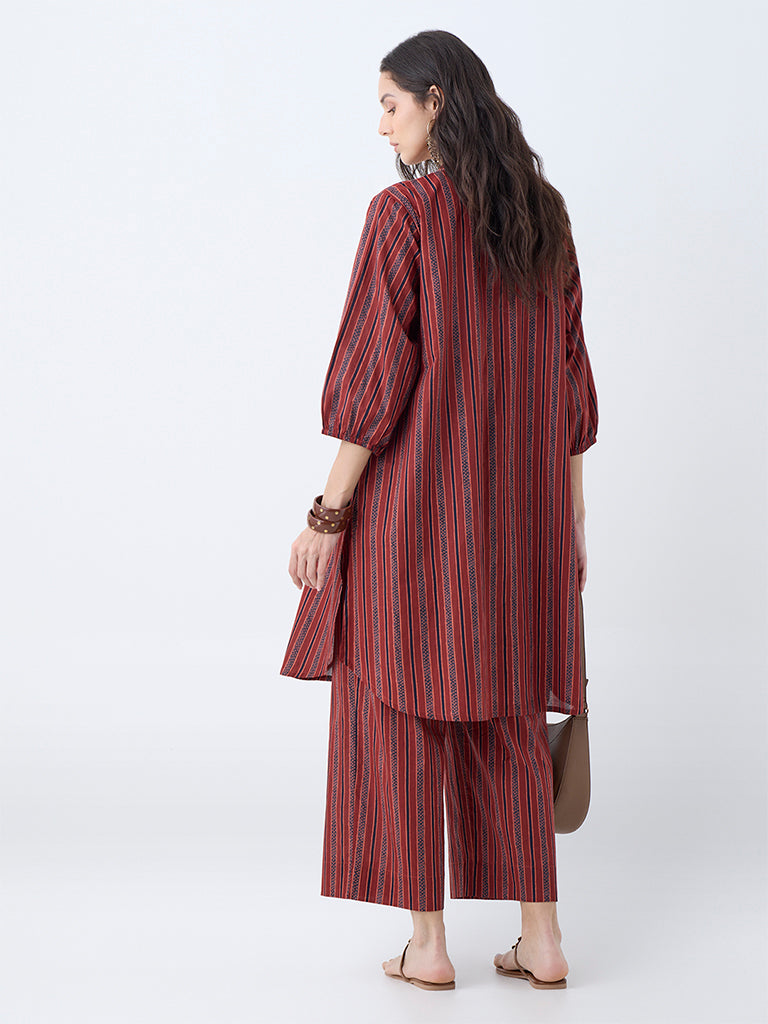 Westside Utsa Women's Maroon Striped Cotton Straight Kurta for Work Wear Back View