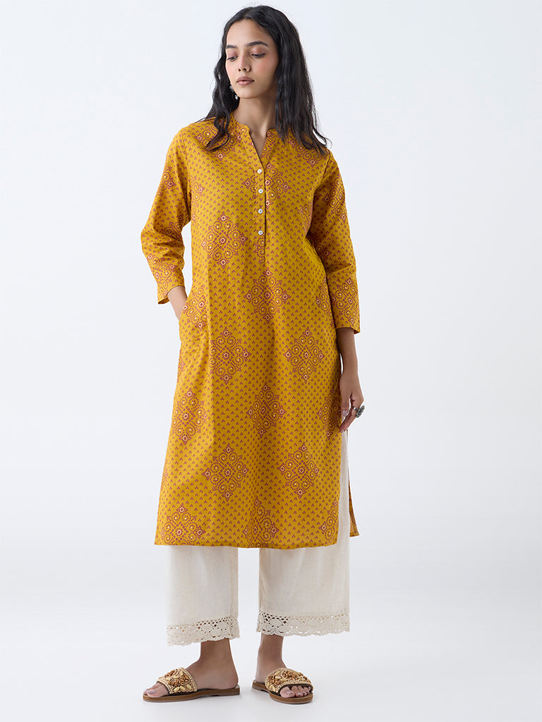 Westside Utsa Women's Mustard Bandhani Design Straight Cotton Kurta for Everyday Full View