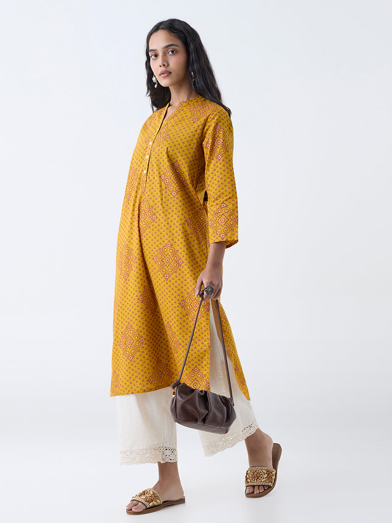 Westside Utsa Women's Mustard Bandhani Design Straight Cotton Kurta for Everyday Front View