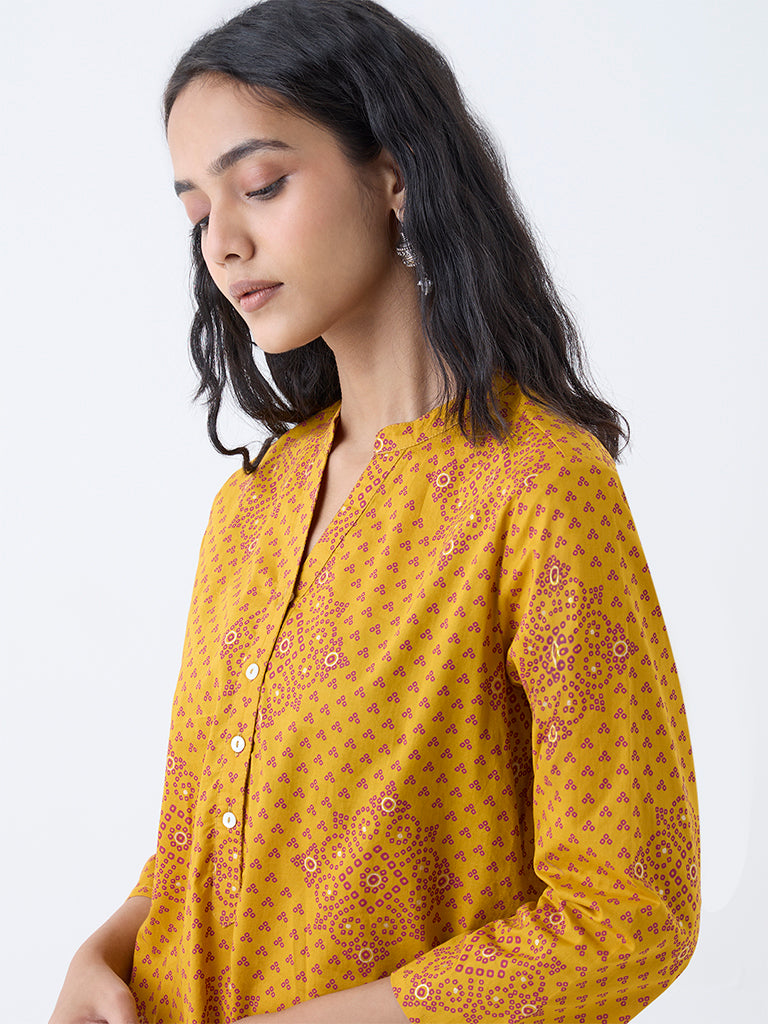 Westside Utsa Women's Mustard Bandhani Design Straight Cotton Kurta for Everyday Zoomed View
