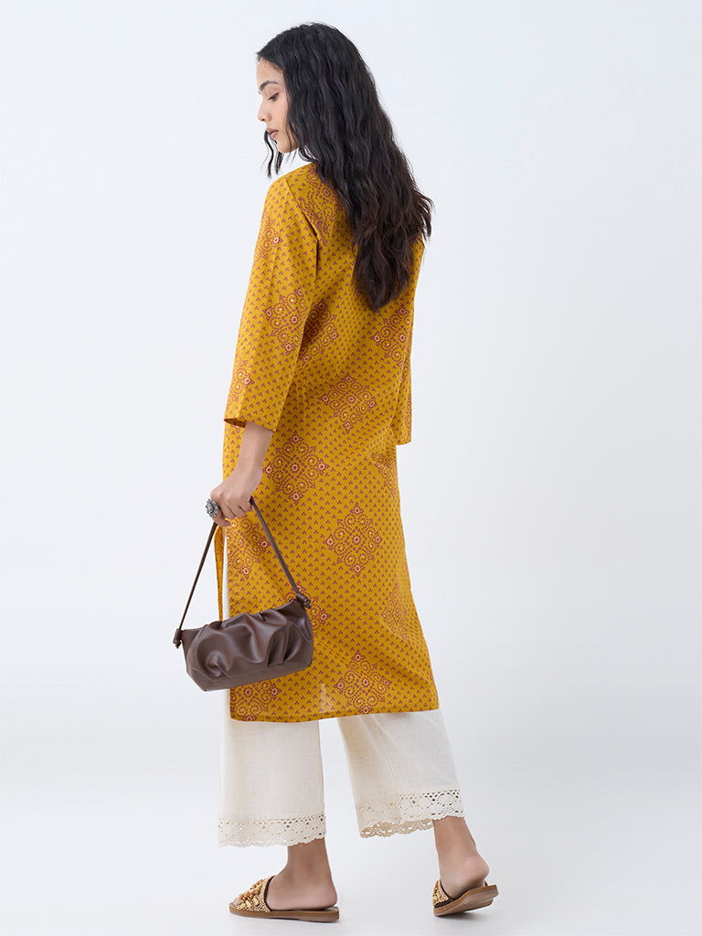Westside Utsa Women's Mustard Bandhani Design Straight Cotton Kurta for Everyday Back View