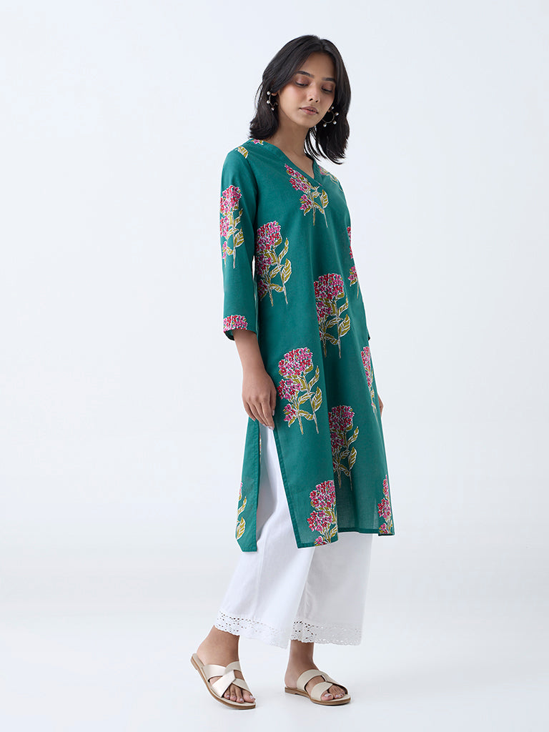 Utsa Teal Floral Pattern Straight Cotton Kurta