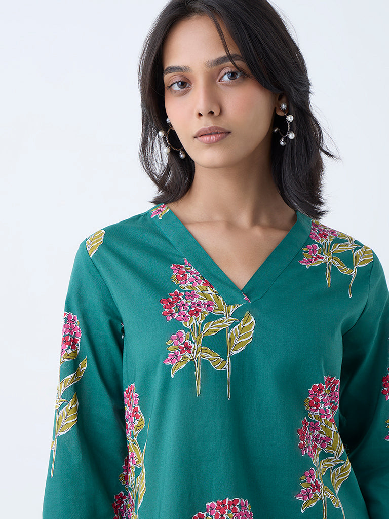 Utsa Teal Floral Pattern Straight Cotton Kurta