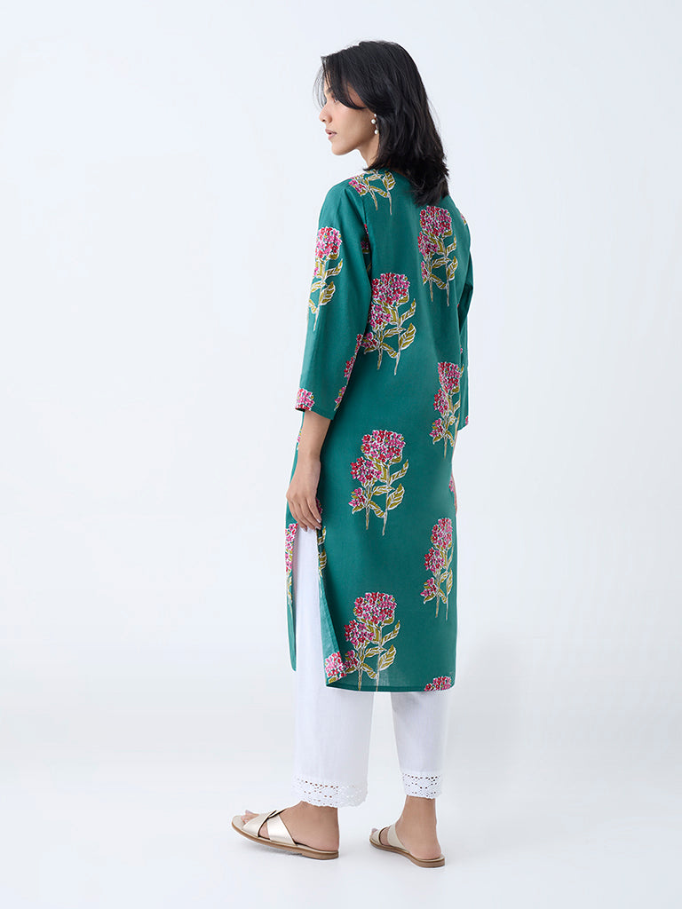 Utsa Teal Floral Pattern Straight Cotton Kurta