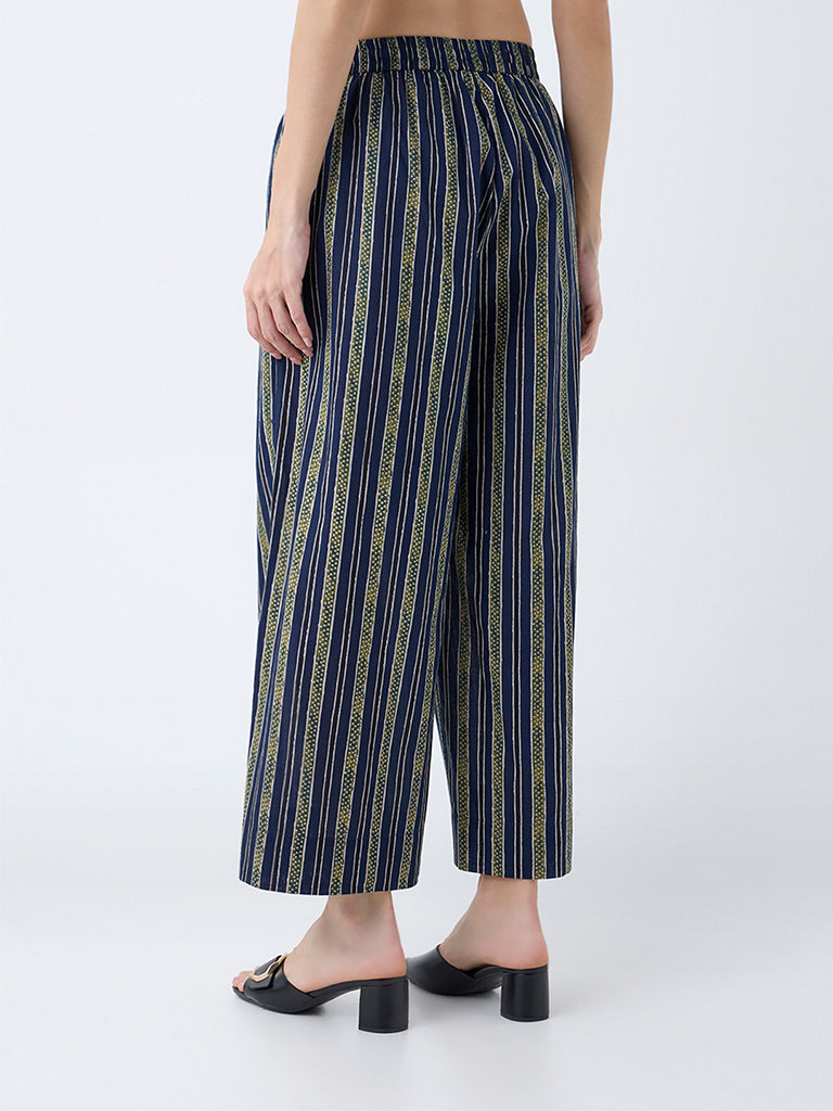 Westside Utsa Women's Navy Stripes Cotton Palazzos for Everyday Back View
