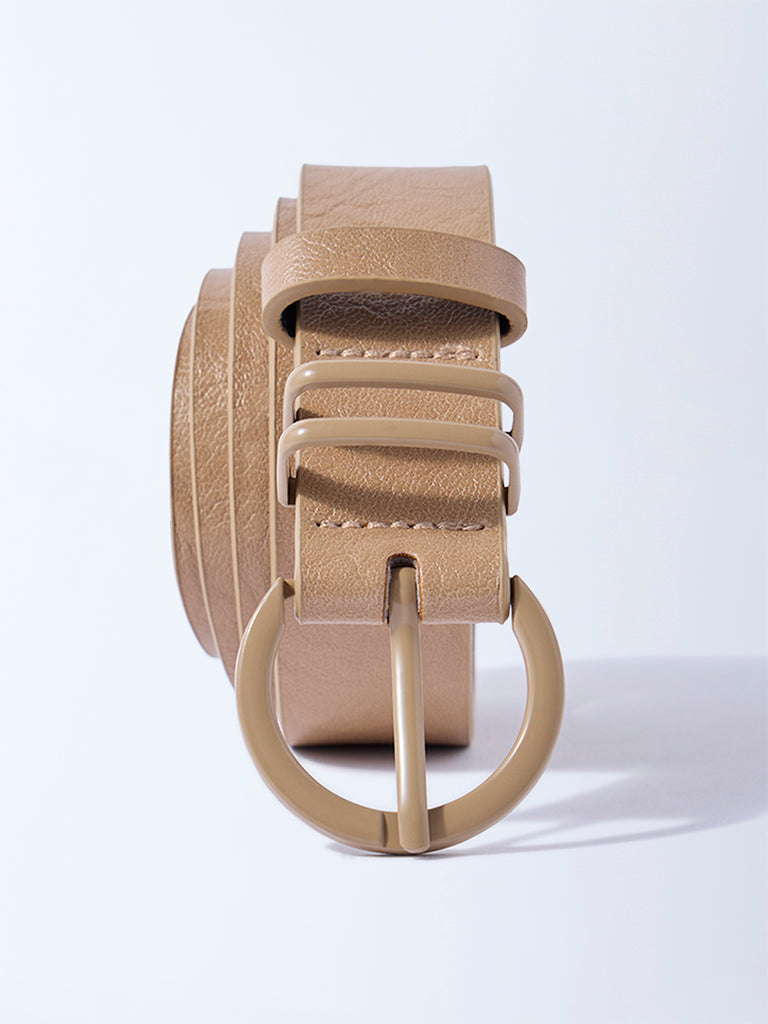 Westside Accessories Beige Round Buckle Textured Belt