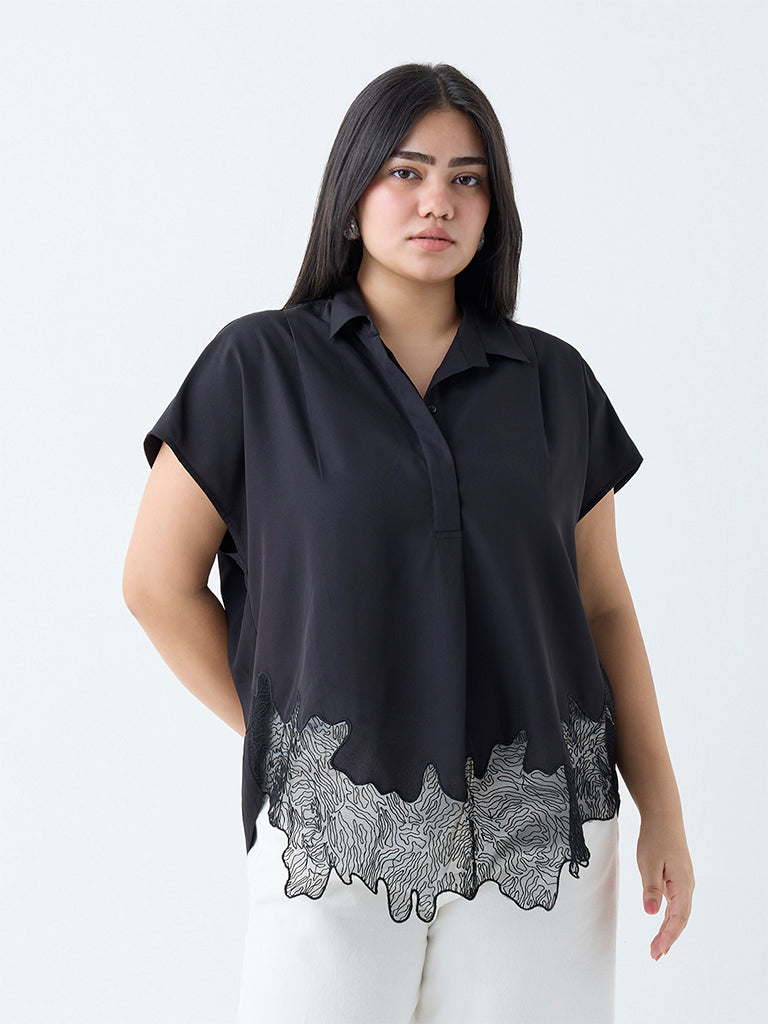 Westside Gia Women's Black Lace Detailed Cotton Blouse for Casual Wear Front view