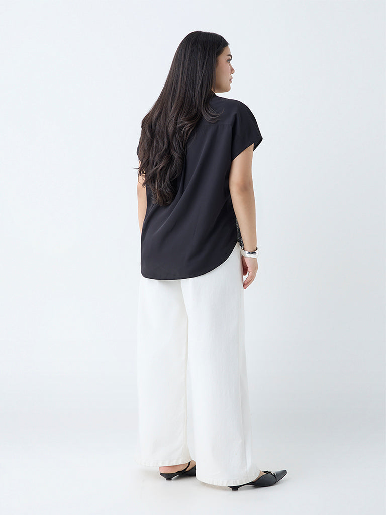 Westside Gia Women's Black Lace Detailed Cotton Blouse for Casual Wear Back View