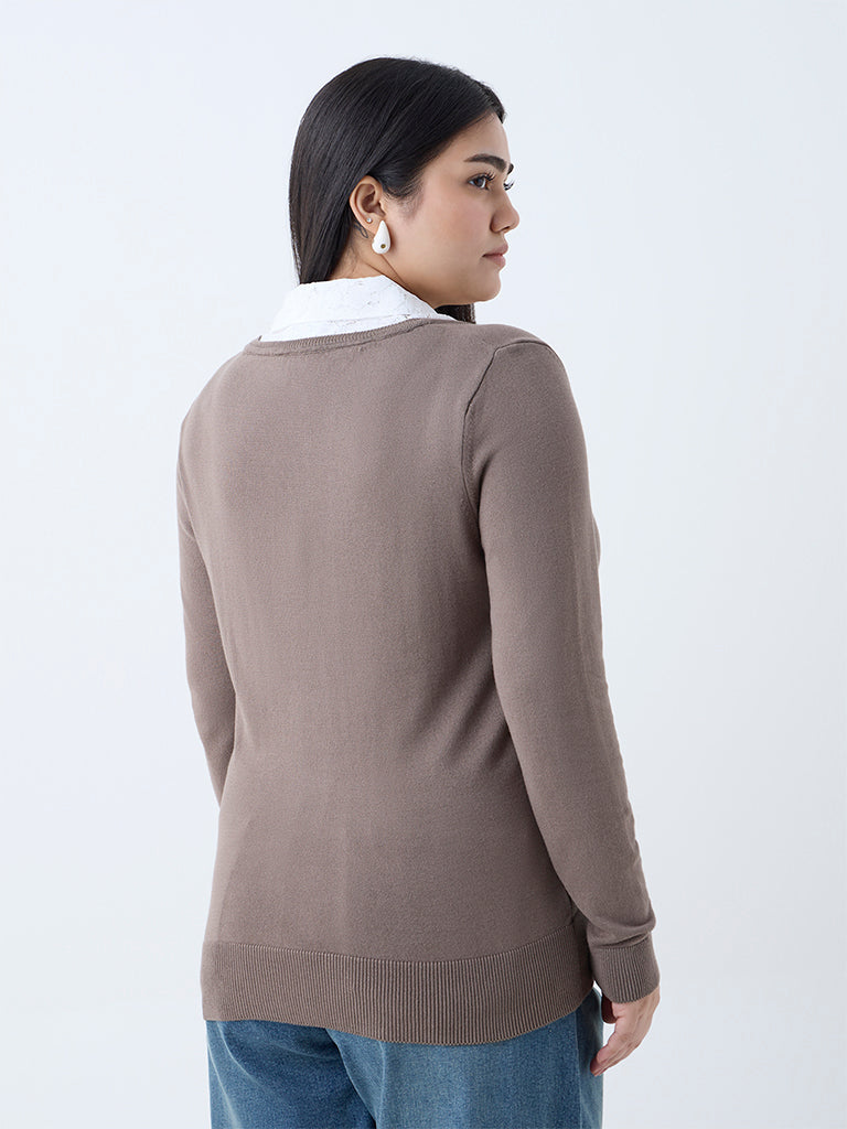 Gia Brown Lace-Detailed Sweater