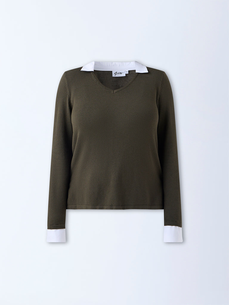 Gia Olive Collar-Detailed Top