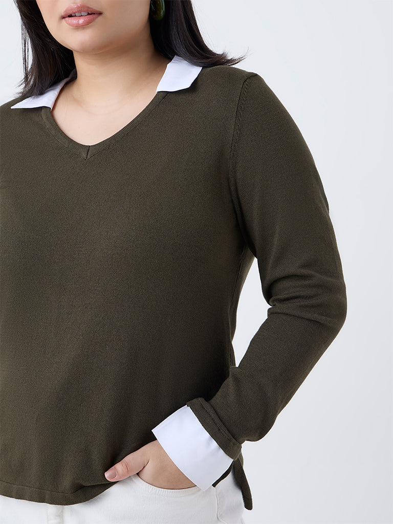 Gia Olive Collar-Detailed Top