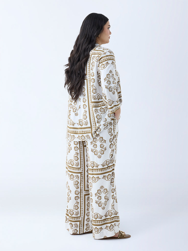 Westside Gia Women's Olive Floral Printed High-Rise Trousers for Casual Wear Back View