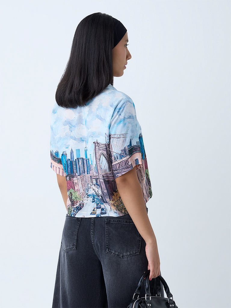 Westside Nuon Women's Blue Cityscape-Inspired Shirt for Casual Wear Back View