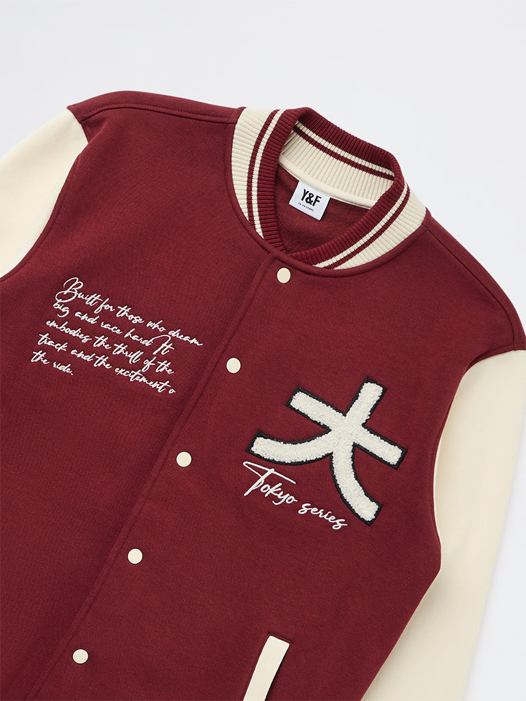 Y&F Kids Boys Red Embroidered Cotton-Blend Varsity Jacket