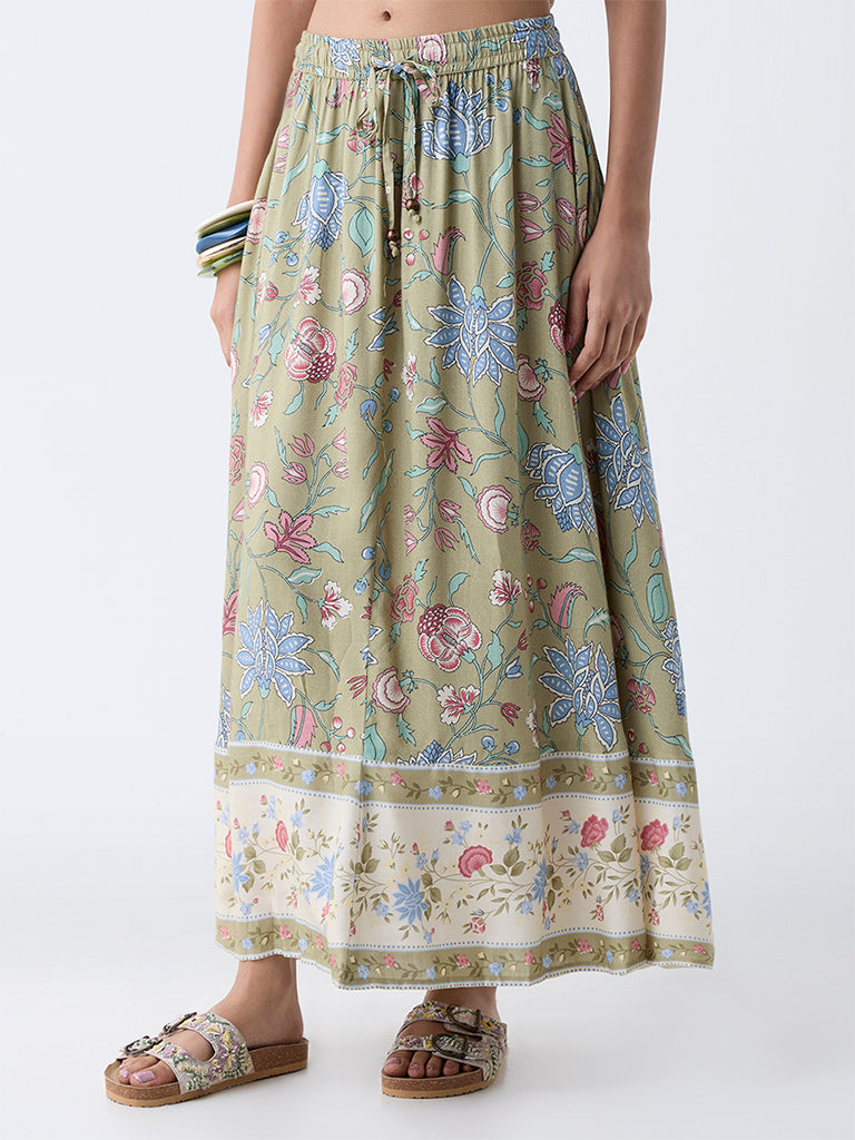Westside Bombay Paisley Women's Sage Botanical Design Skirt for Casual Wear Front view