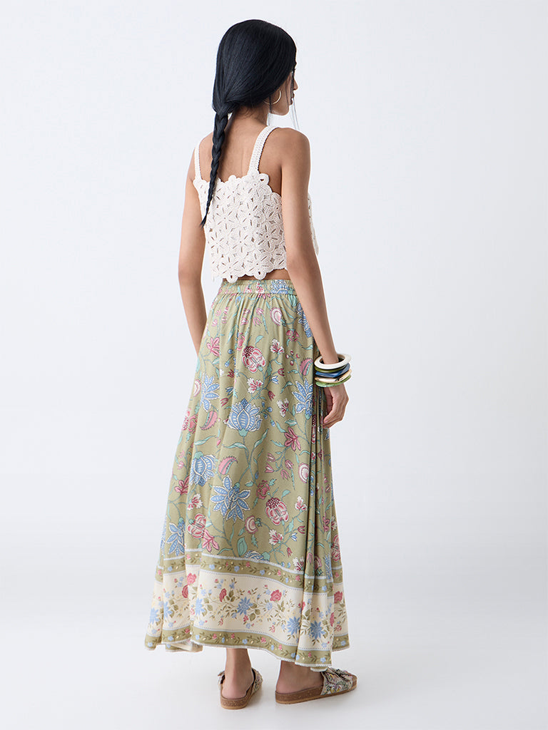 Westside Bombay Paisley Women's Sage Botanical Design Skirt for Casual Wear Back View
