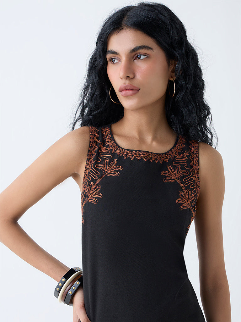 Westside Bombay Paisley Women's Black Embroidered Cotton-Blend Shift Dress for Everyday Zoomed View